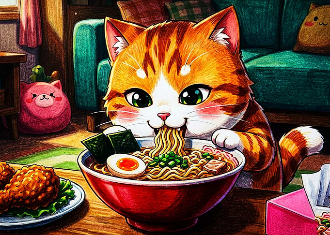 Cute Cat Eating Ramen Bowl