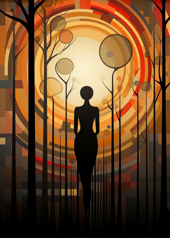 Abstract Silhouette in Golden Forest