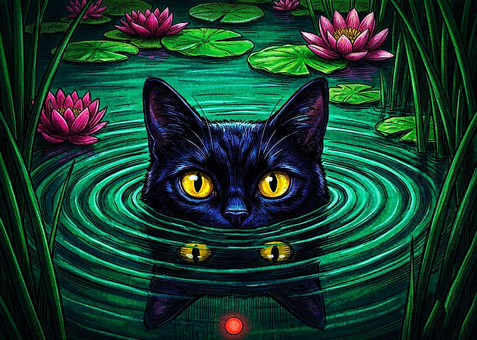Black Cat in Lotus Pond