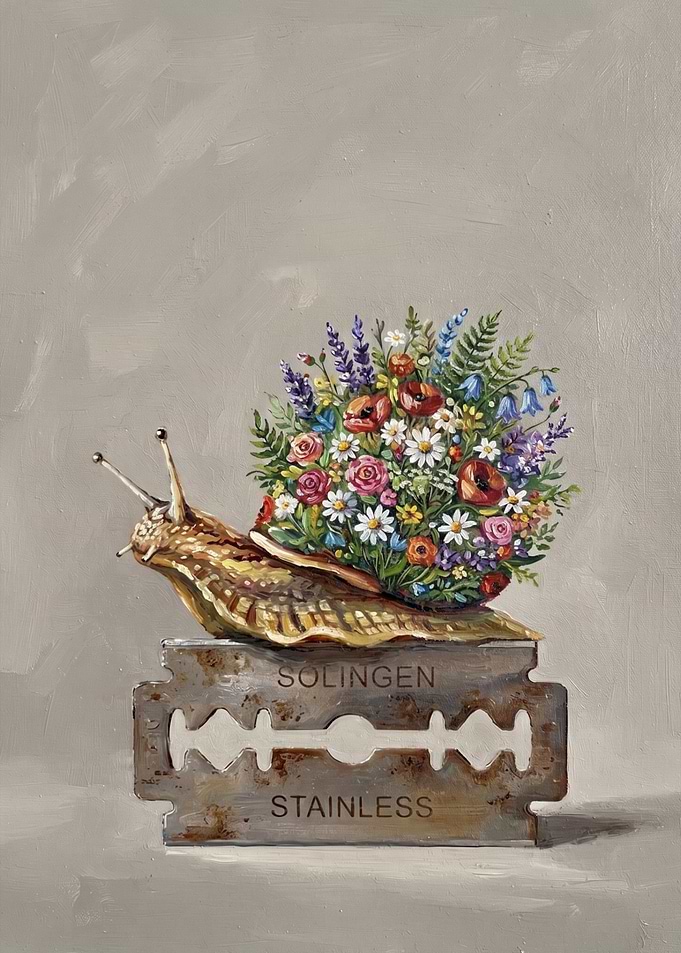 Snail with Floral Shell on Razor