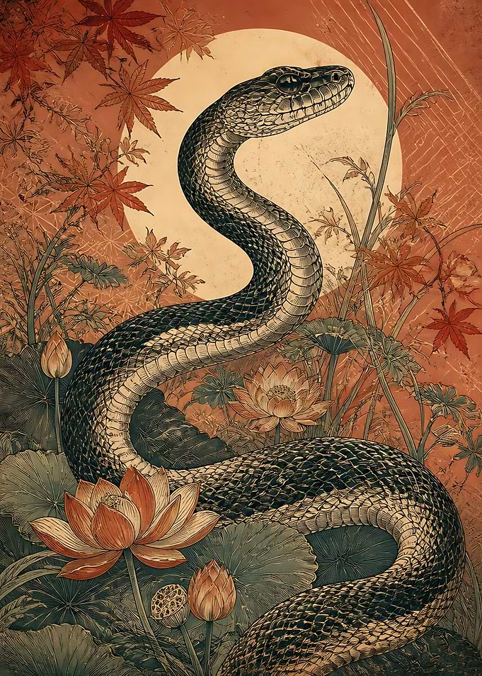 Japanese Style Snake and Lotus Illustration