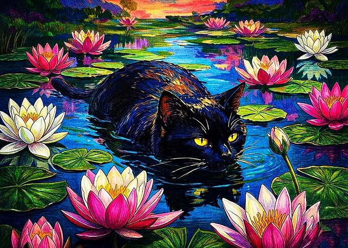 Black Cat Swimming Among Water Lilies