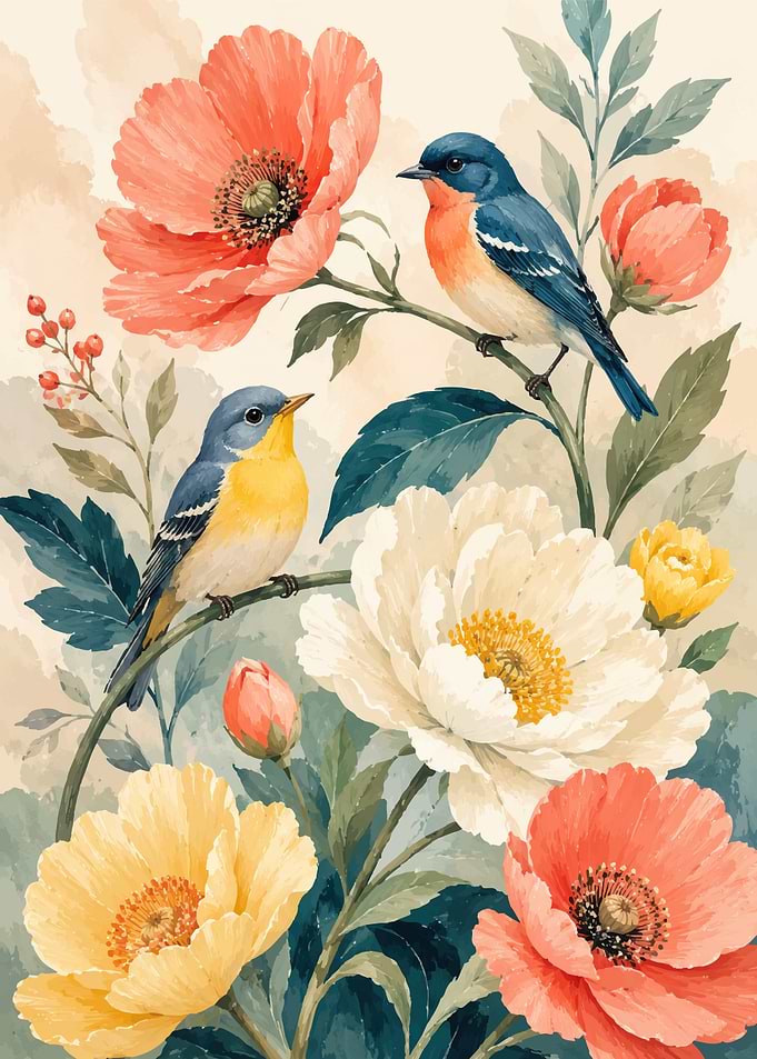 Blue Birds Among Vibrant Floral Blooms