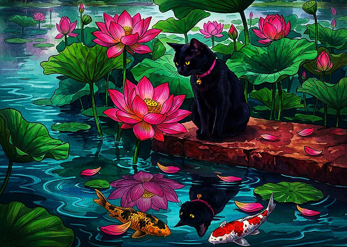 Black Cat and Koi Pond