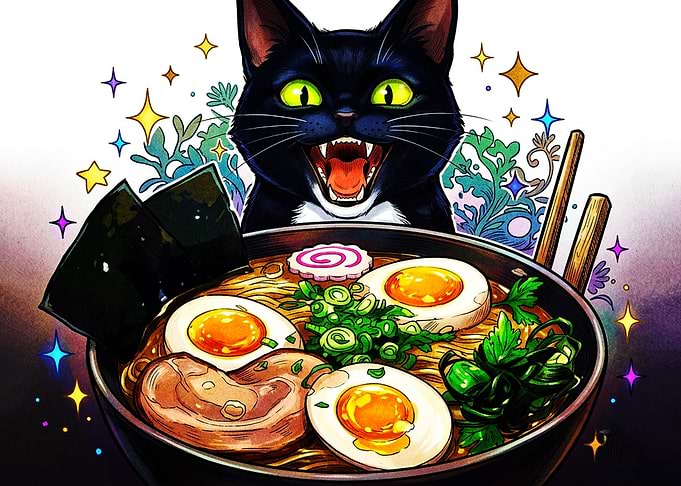 Excited Black Cat Eating Ramen