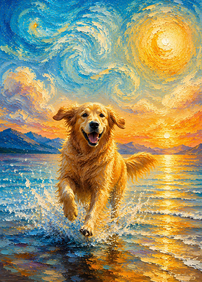 Golden Retriever Running in Starry Sunset