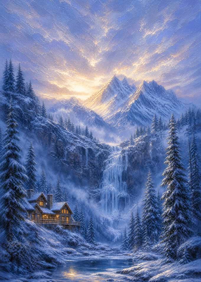 Cozy Winter Cabin by Frozen Waterfall