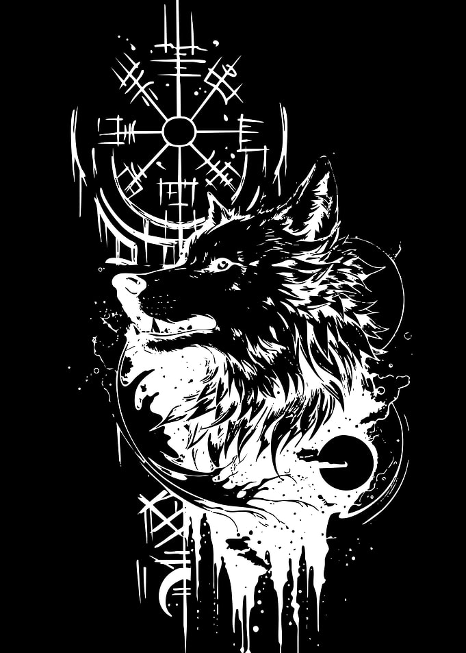 Viking Wolf and Vegvisir Symbol