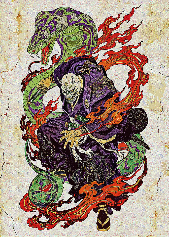 Oni Samurai with Serpent Illustration