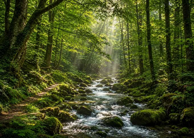 Sunlit Forest Stream with Mossy Rocks