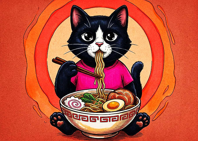 Cute Cat Eating Ramen Illustration