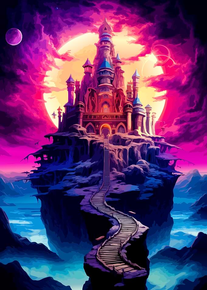 Floating Fantasy Castle Under Neon Moon