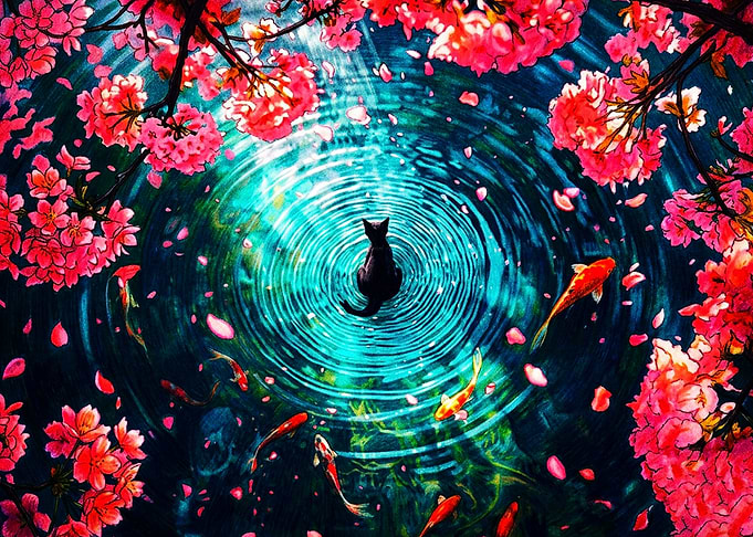 Black Cat and Koi Pond