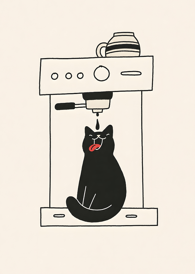 Funny Black Cat Drinking Coffee Illustration poster