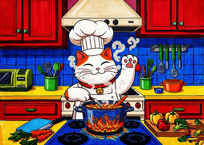 Cute Chef Cat Cooking in Kitchen