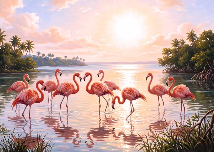 Flamingos in a Tropical Sunset