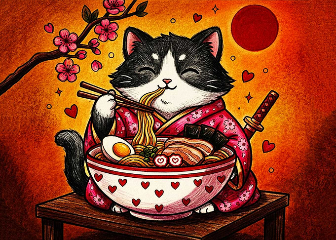 Cute Samurai Cat Eating Ramen