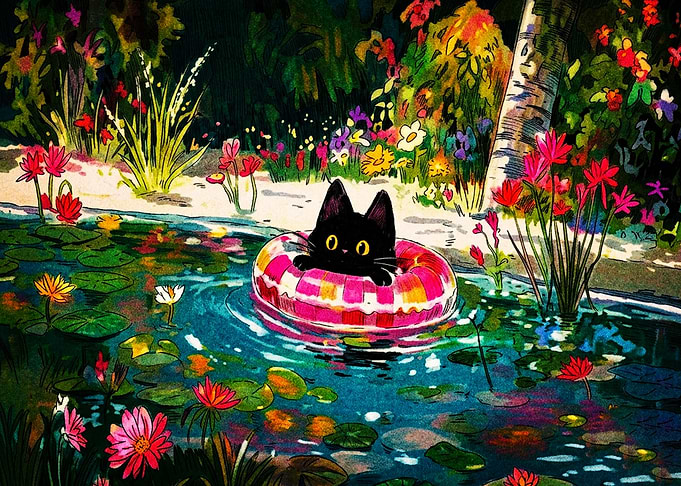 Black Cat Floating in Pond