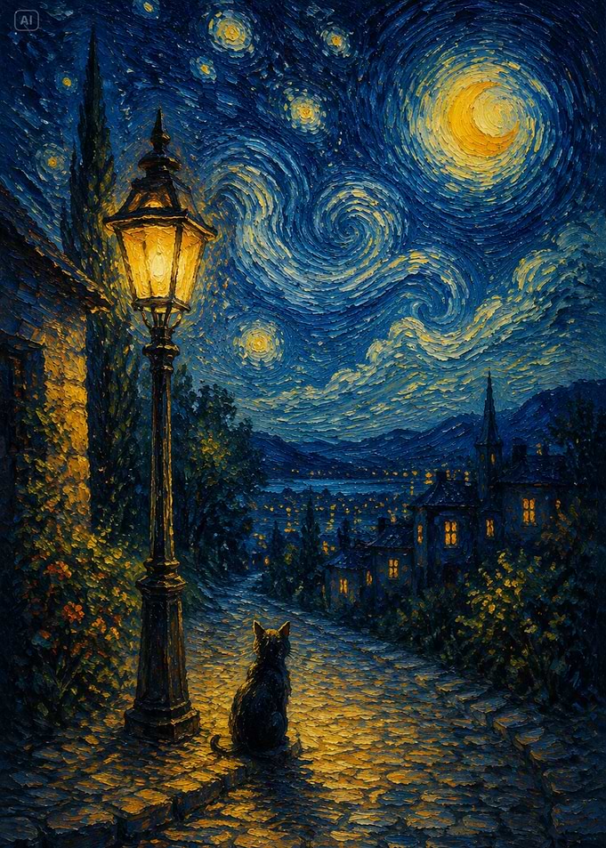 Cat Under Starry Night Streetlamp