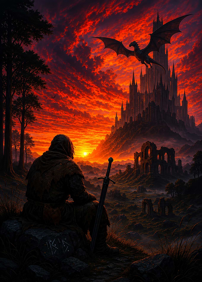 Knight Watching Dragon at Sunset