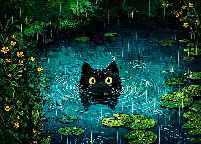 Black Cat Swimming in Rainy Pond