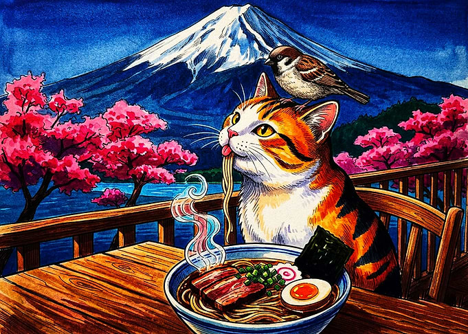 Calico Cat Eating Ramen by Fuji