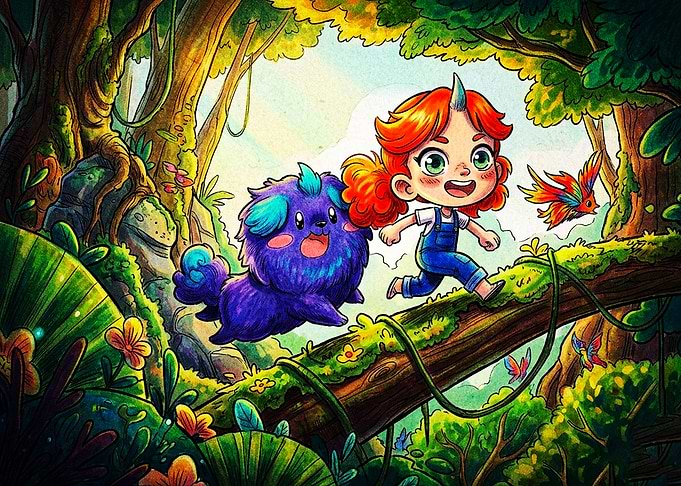 Girl and Purple Creature in Forest