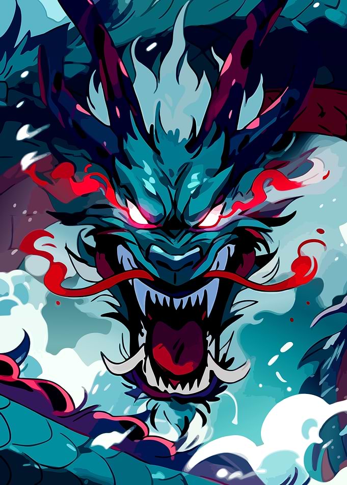 Fierce Blue Japanese Dragon Illustration