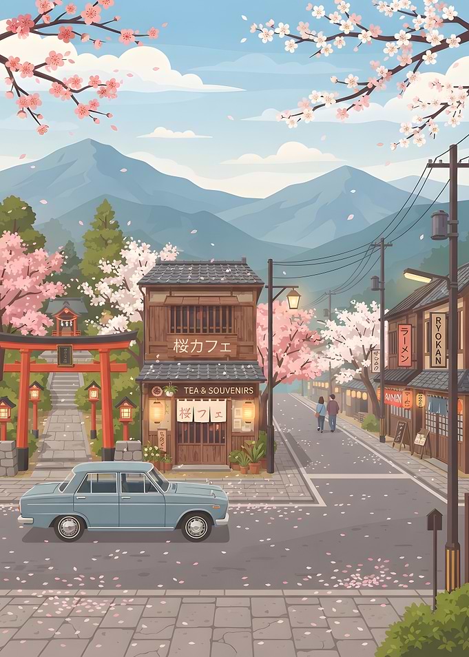 Scenic Japanese Street with Cherry Blossoms