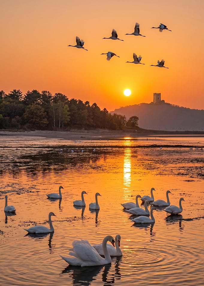Swans and Cranes at Sunset