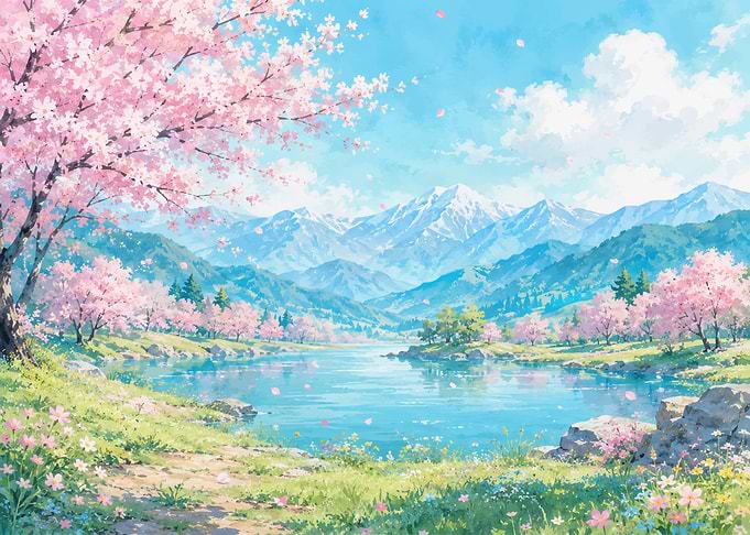Serene Spring Landscape with Cherry Blossoms