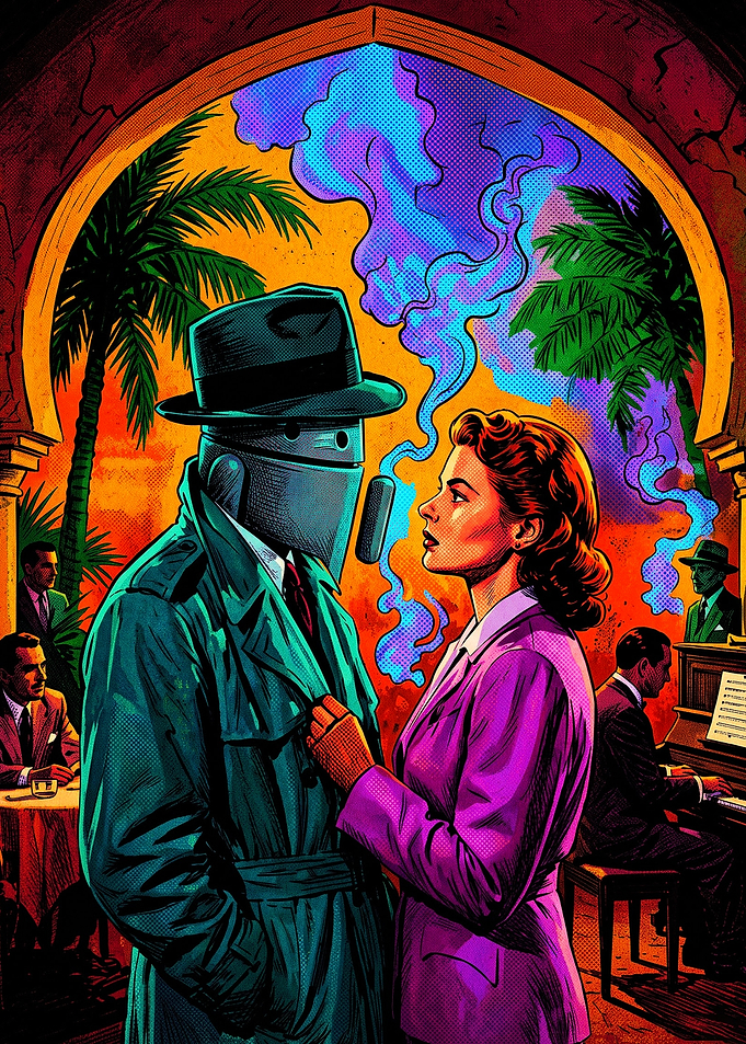 Noir Robot Detective and Femme Fatale