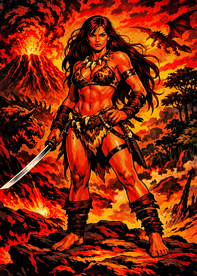 Fierce Warrior Woman in Volcanic Landscape