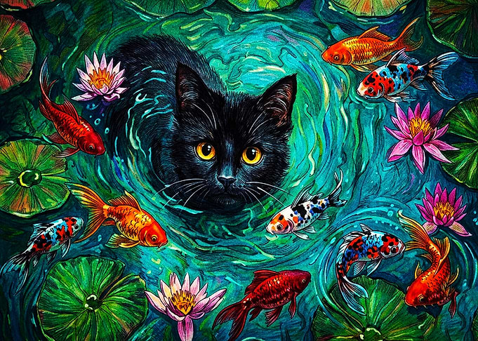 Black Cat in Koi Pond
