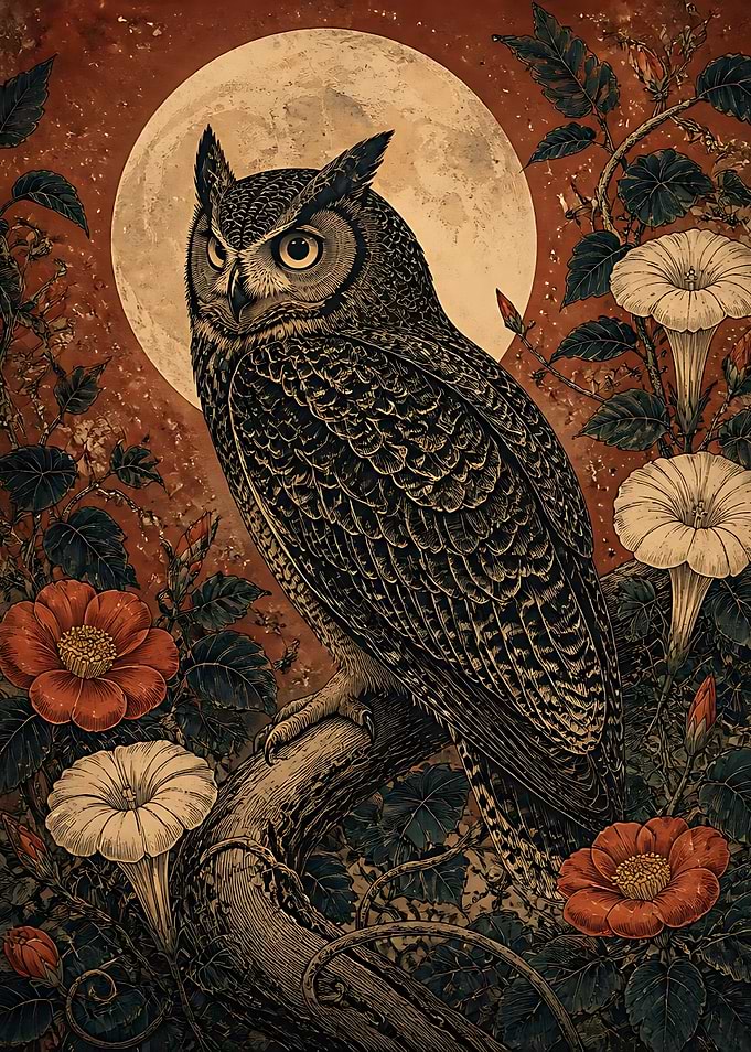 Great Horned Owl and Moon Illustration