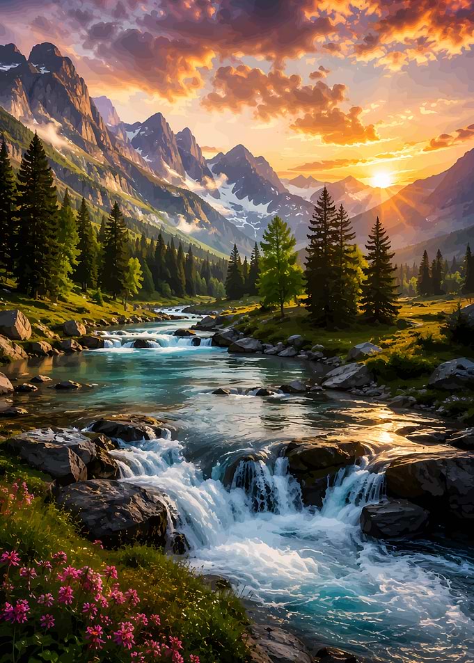 Sunset Over Alpine Mountain Stream