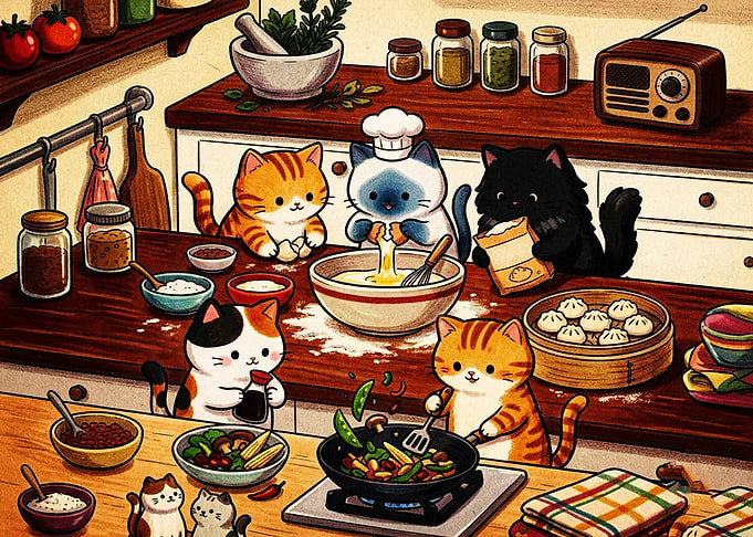 Cute Cats Cooking in Kitchen