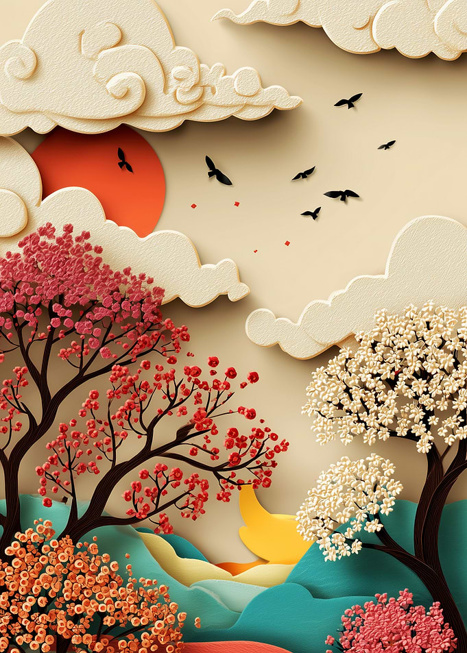 Paper Cutout Style Asian Landscape