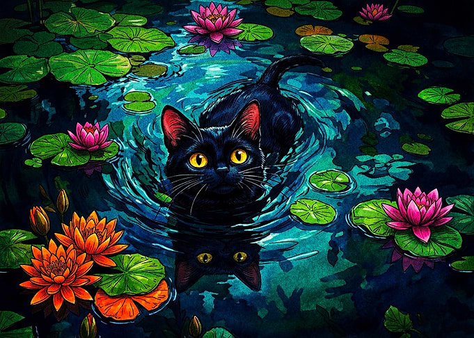 Black Cat Swimming in Lotus Pond