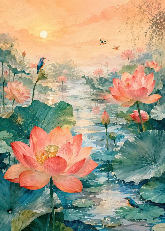 Serene Lotus Pond at Sunset