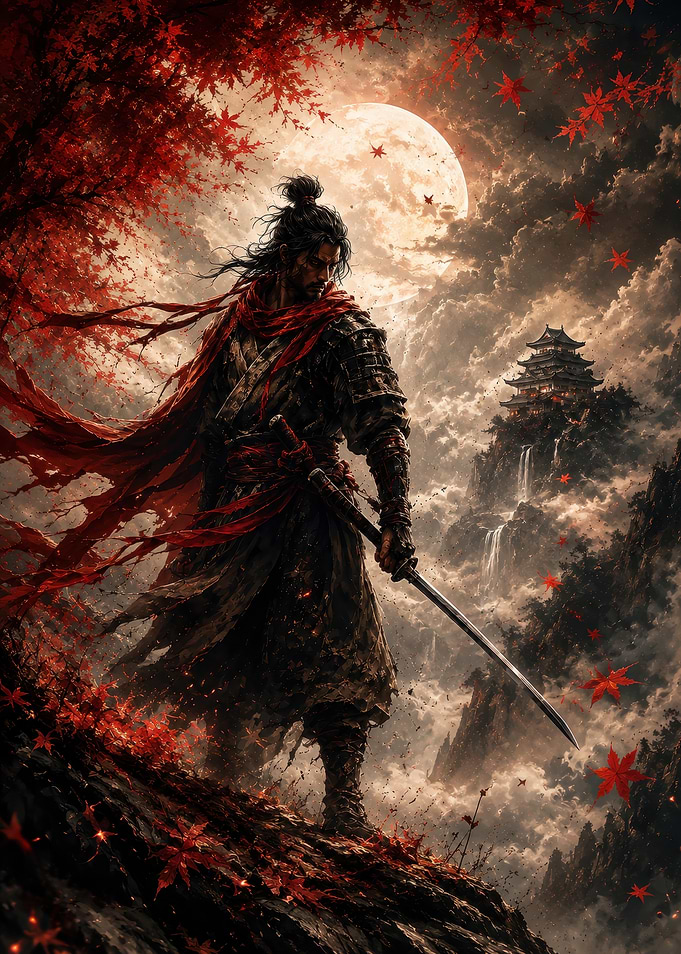 Samurai Warrior Under Red Maple Moon
