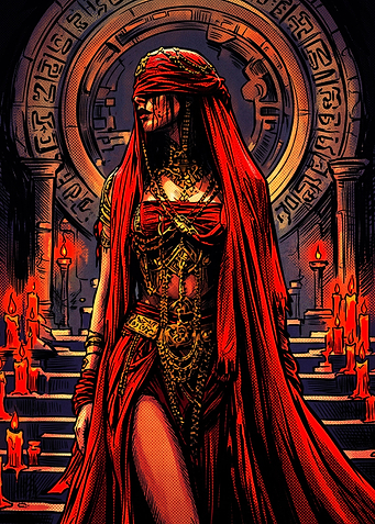 Mysterious Blindfolded Priestess in Red