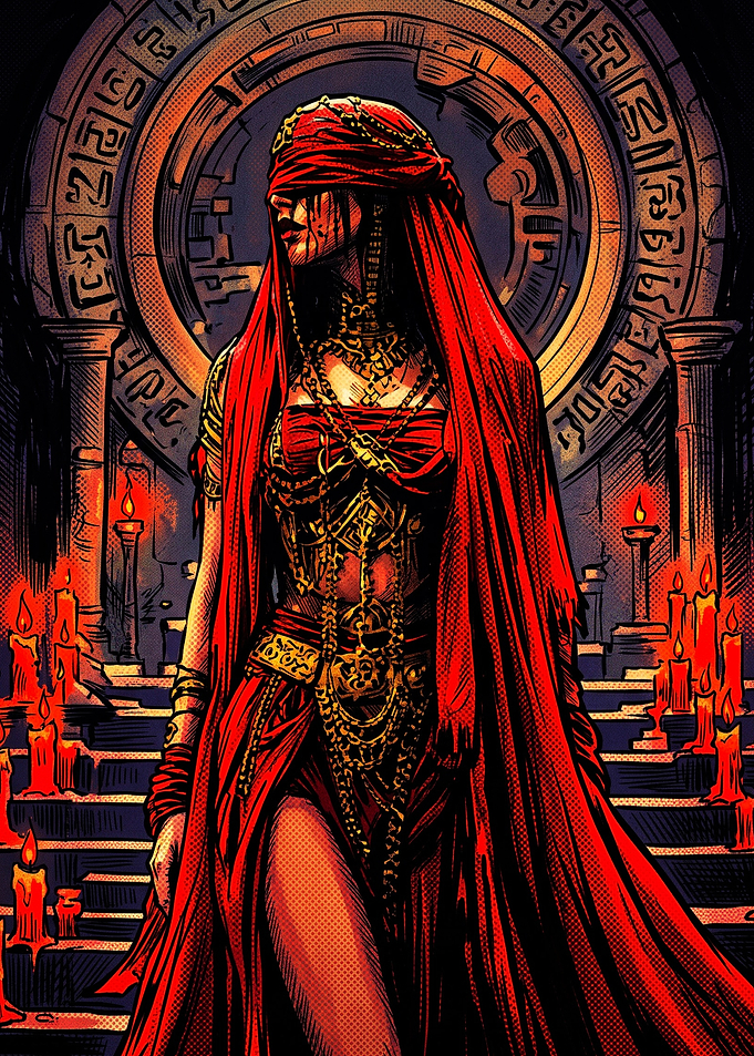 Mysterious Blindfolded Priestess in Red