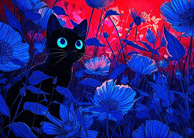 Black Cat in Blue Flower Field