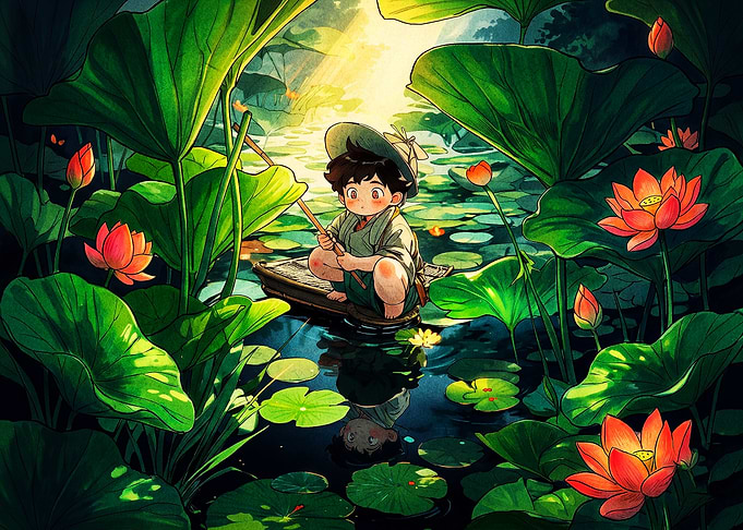 Boy Fishing in Lotus Pond