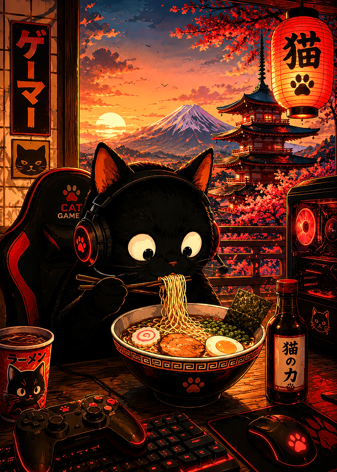 Gamer Cat Eating Ramen at Sunset