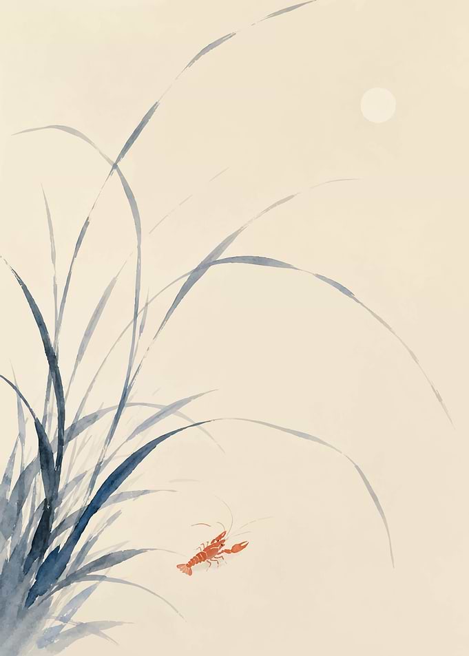 Minimalist Ink Wash Shrimp and Grass