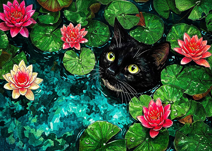 Black Cat in Water Lily Pond