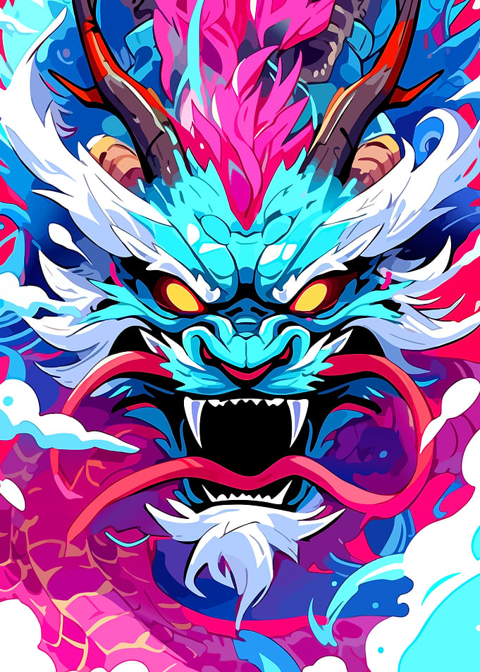 Vibrant Neon Japanese Dragon Illustration