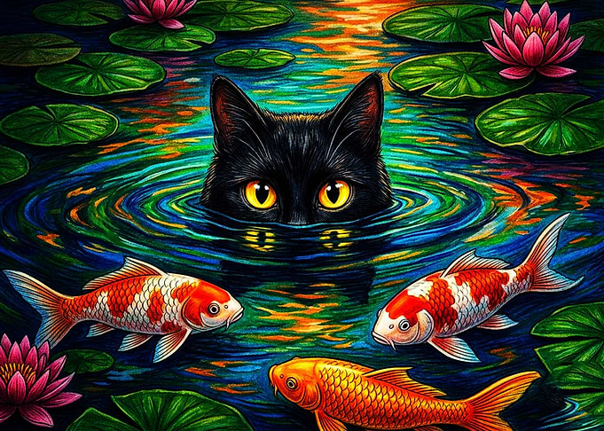 Black Cat Watching Koi Fish